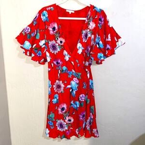 Willow and clay red floral flutter sleeve wrap dress.